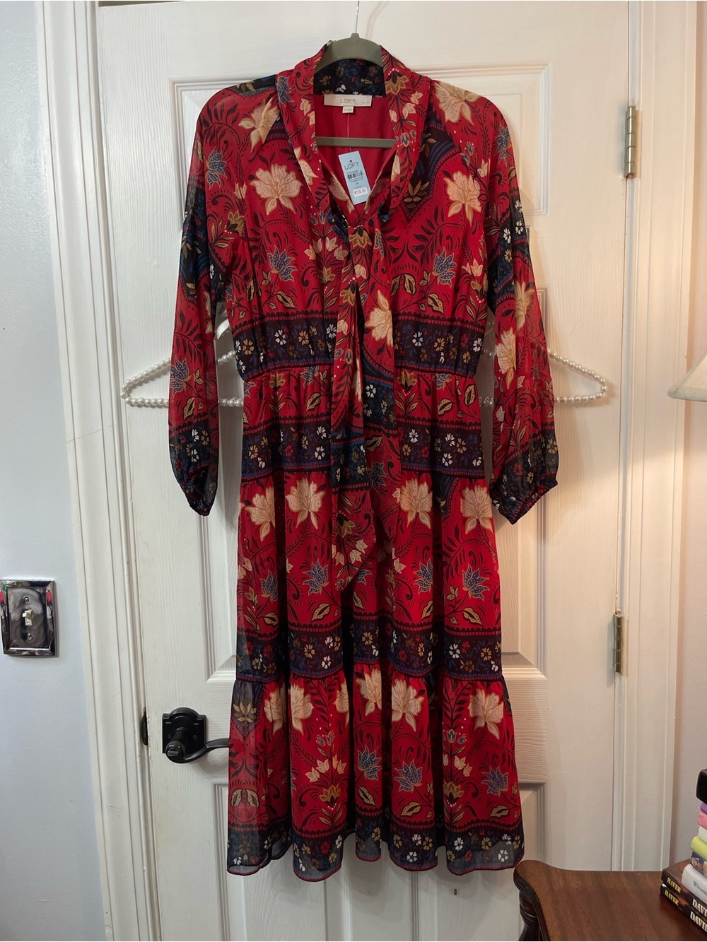 LOFT Red Floral Tie-Neck Midi Dress Fall Dress